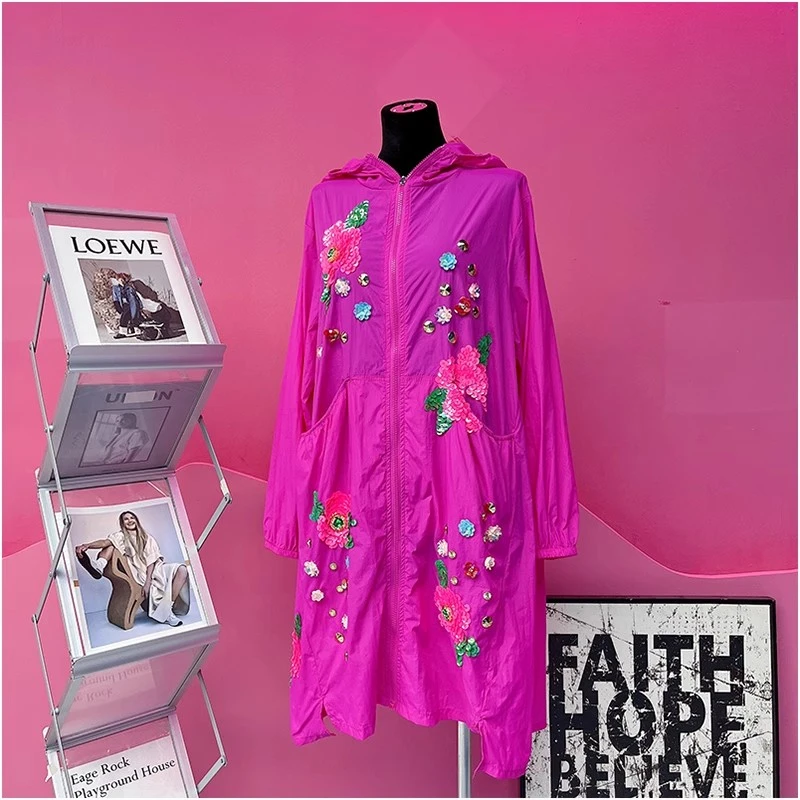 A2018欧美设计师2025夏季新款重工刺绣亮片长款连帽休闲防晒外套