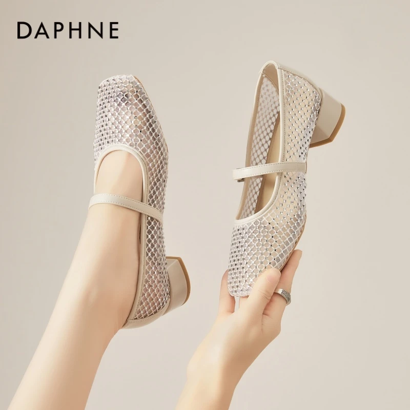 达芙妮网纱玛丽珍鞋女2025新款夏季粗跟法式气质单鞋浅口芭蕾舞鞋