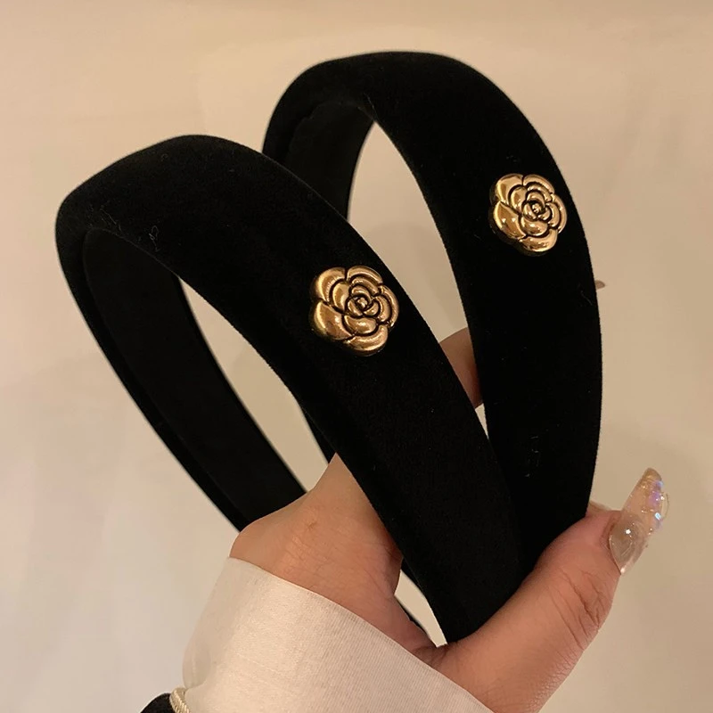 黑色丝绒山茶花发箍~复古法式小香风头箍2025年新款高级感发卡女