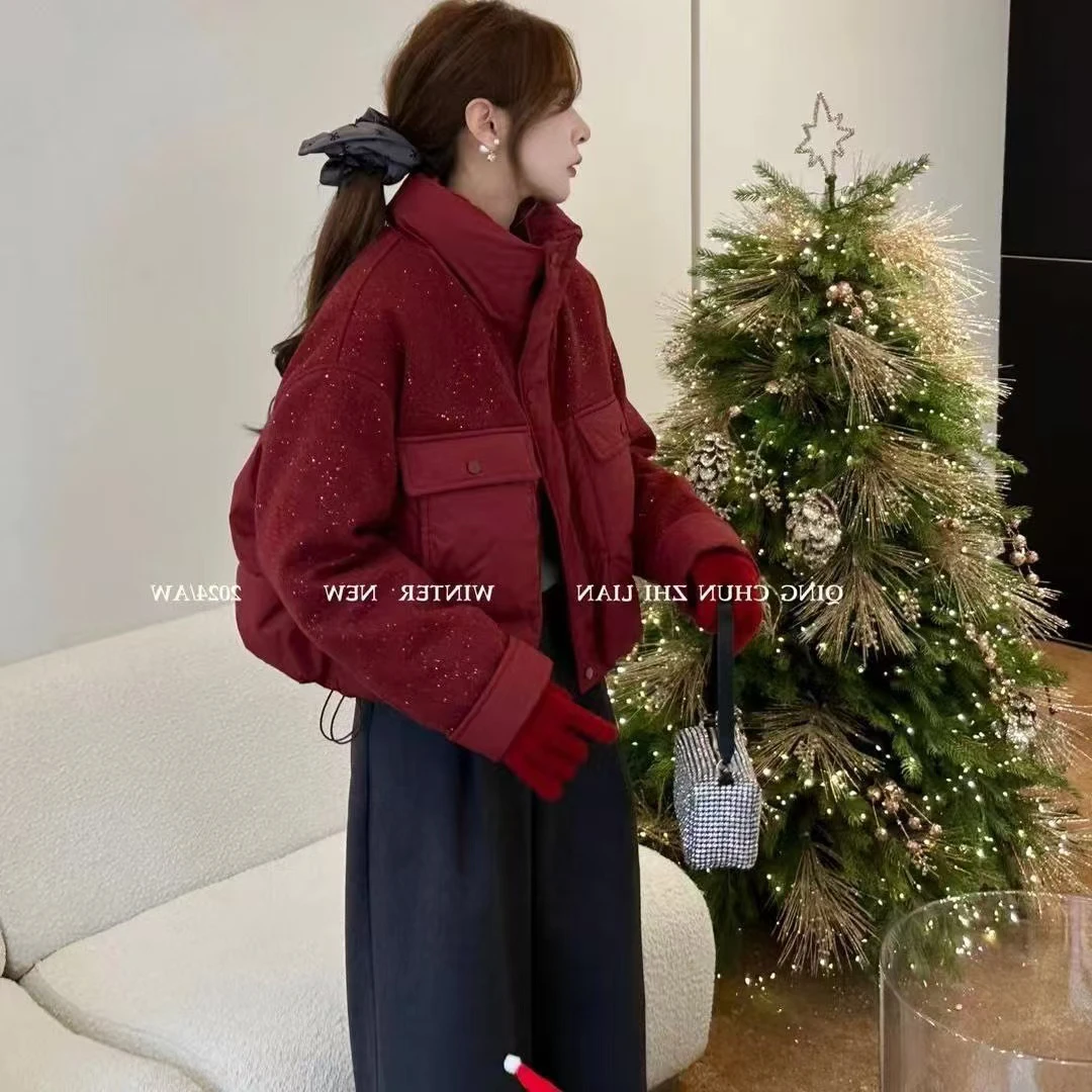 年款拼接短款羽绒服百搭韩版纯色时尚宽松秋冬红色圣诞节