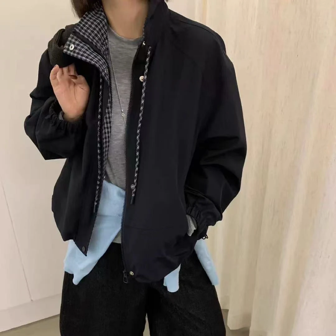2025秋季款韩版显瘦格子拼接设计感长袖风衣女上衣立领棒球夹克衫