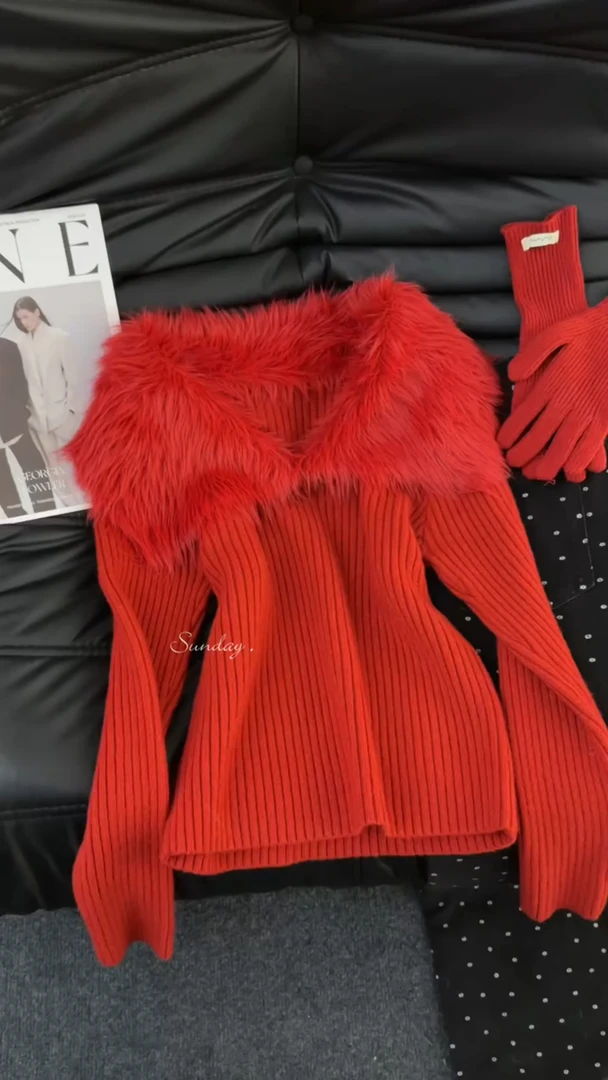 2025秋冬季毛领长袖毛衣女秋冬季高级感内搭加绒打底衫修身上衣