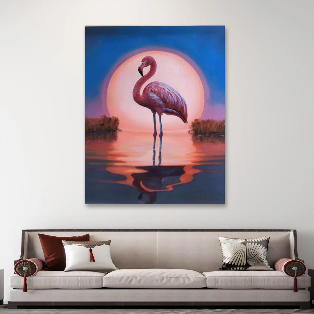 陶宗健-手绘油画-50x60-火烈鸟-客厅办公室挂画