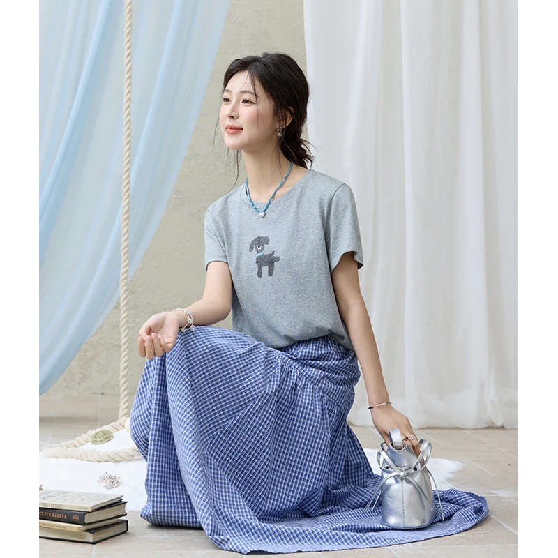 【年中大促】谜秀新品小狗刺绣灰色短袖t恤女2025春夏正肩高街棉