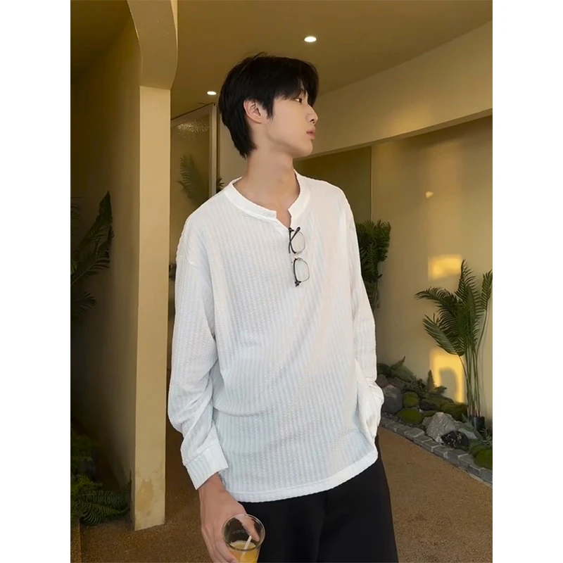 白色小v领正肩长袖t恤男生秋季高级感痞帅上衣cleanfit内搭打底衫