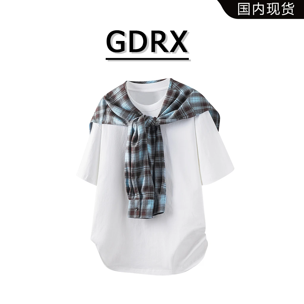 GDRX美式高街格子披肩t恤男2025夏季宽松高级感痞帅纯棉短袖上衣