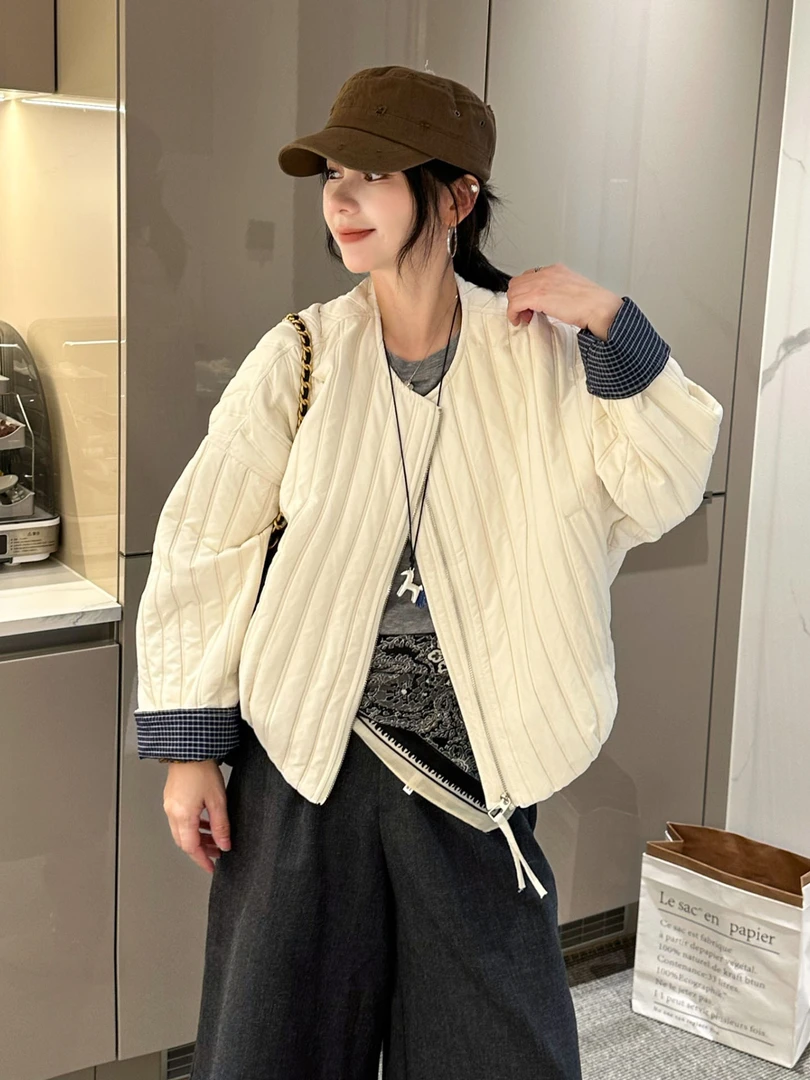 短款圆领复古小众竖条纹棉衣女秋季新款韩版宽松百搭拉链棉服外套