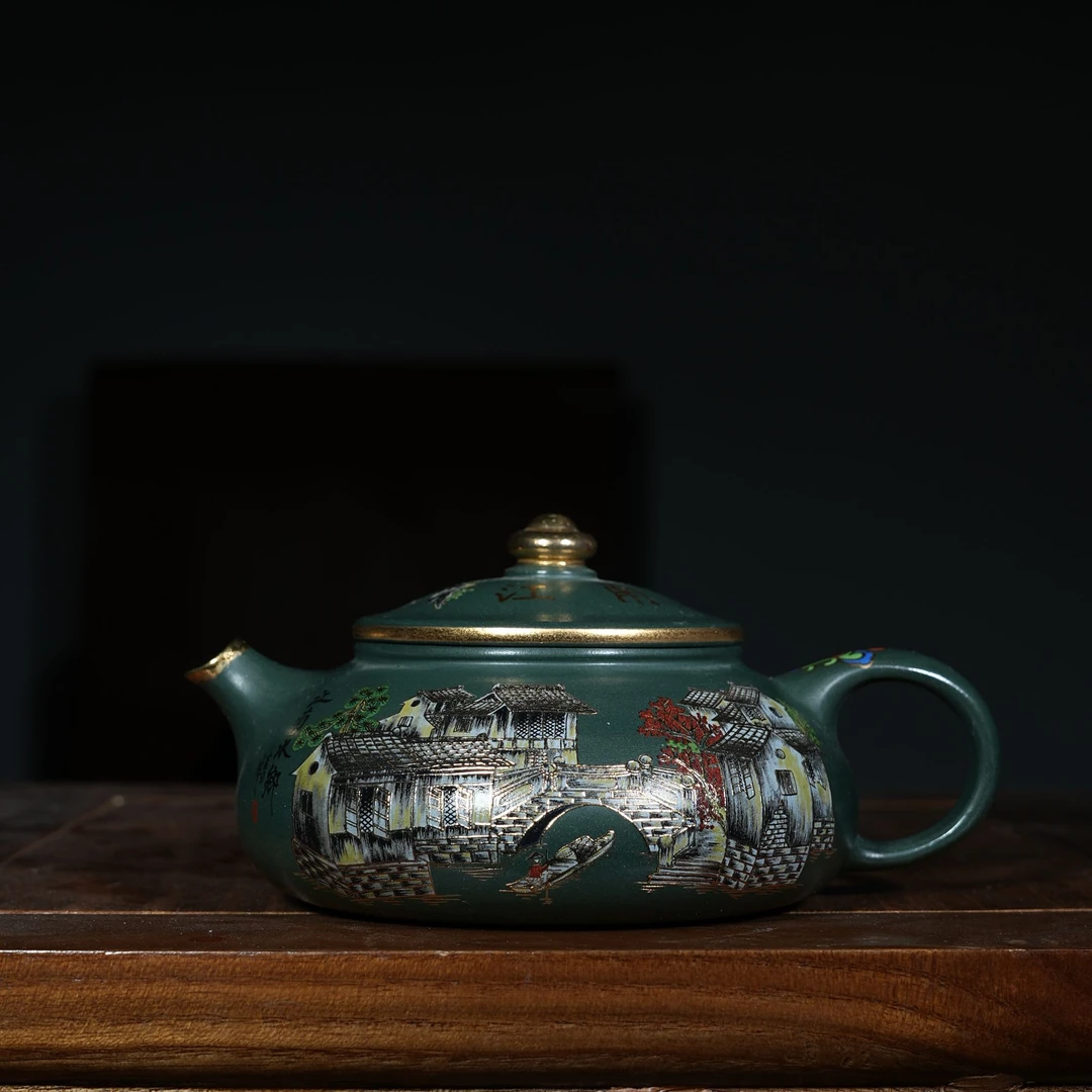宜兴原矿绿泥描金山水《寒江》紫砂手工紫砂壶容量260CC