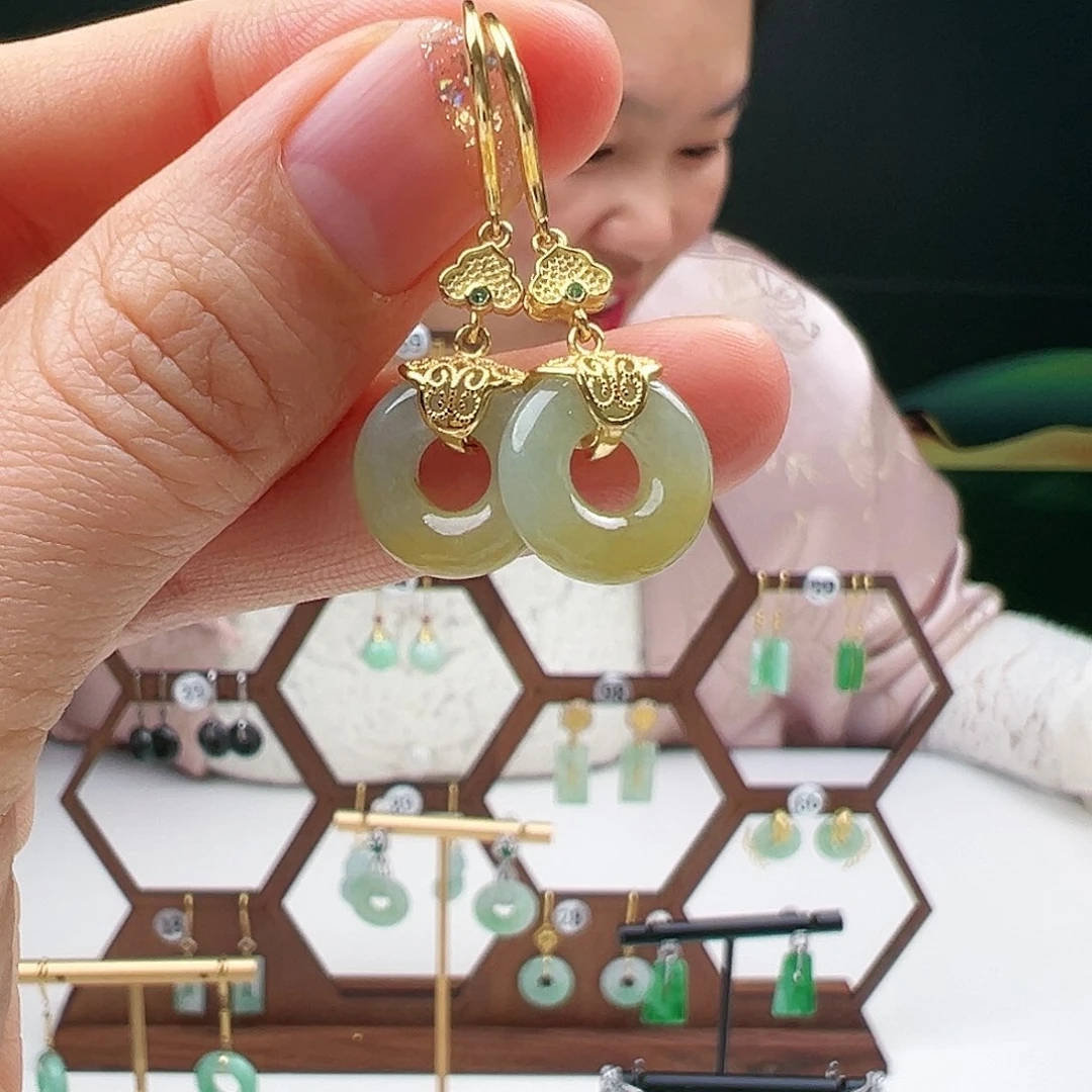 翡翠耳饰银S925镶嵌天然翡翠