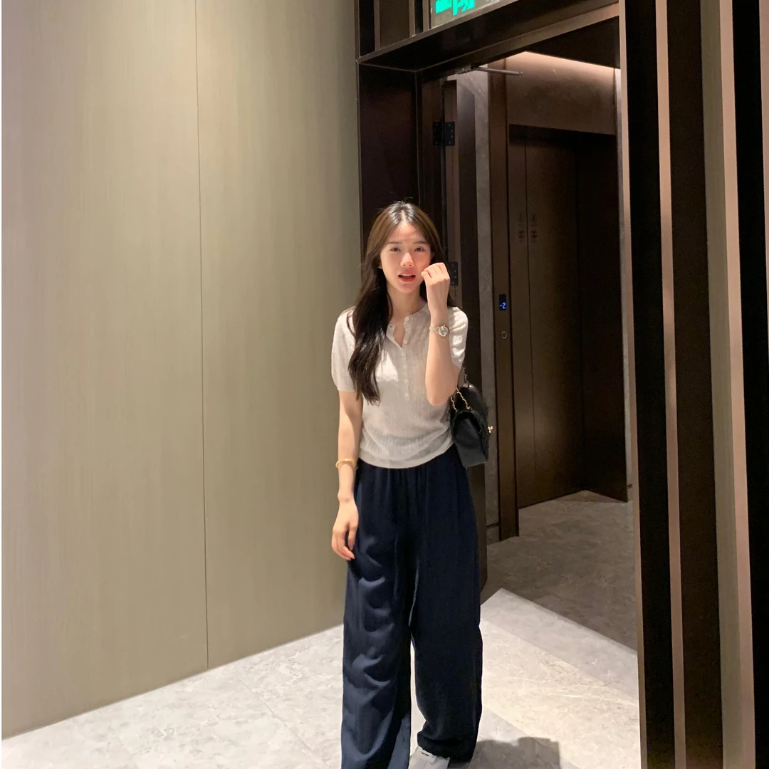 【李金贤】半开领短款T恤垂感休闲设计感夏季女装1008短袖