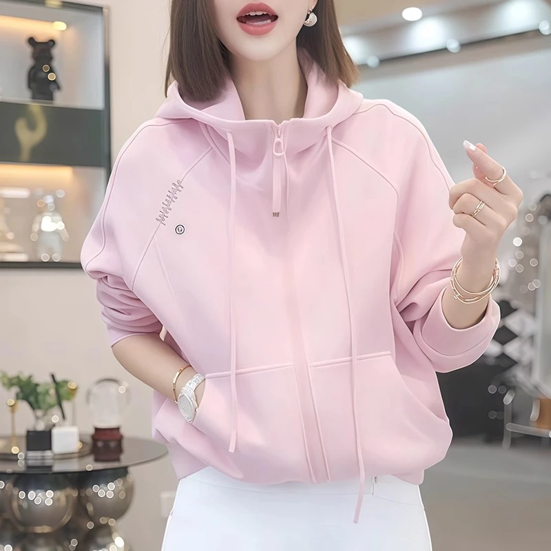 粉色抽绳连帽外套女2025秋季新款宽松小众简约设计感休闲长袖上衣