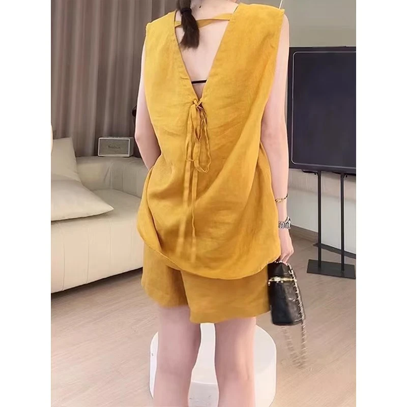 【夏季-两件套】后背镂空无袖上衣+短裤套装气质简约冰冰凉无袖套装