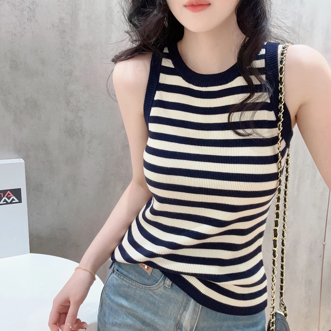 遮副乳条纹针织吊带小背心女修身内搭打底衫外穿别致春夏无袖上衣