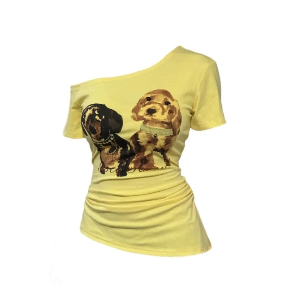 93%棉微胖mm美式少女印花小狗修身显瘦不规则上衣斜肩短袖T恤女