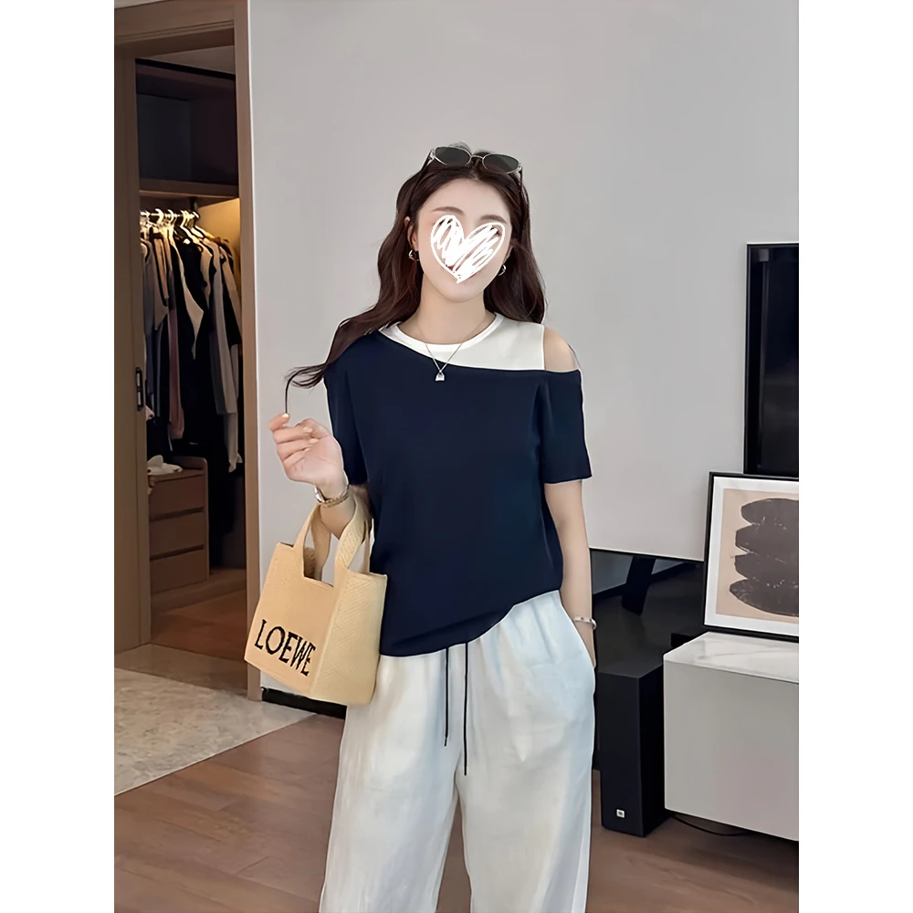 欧货露肩条纹针织夏季新款修身显瘦短袖T恤 G5029