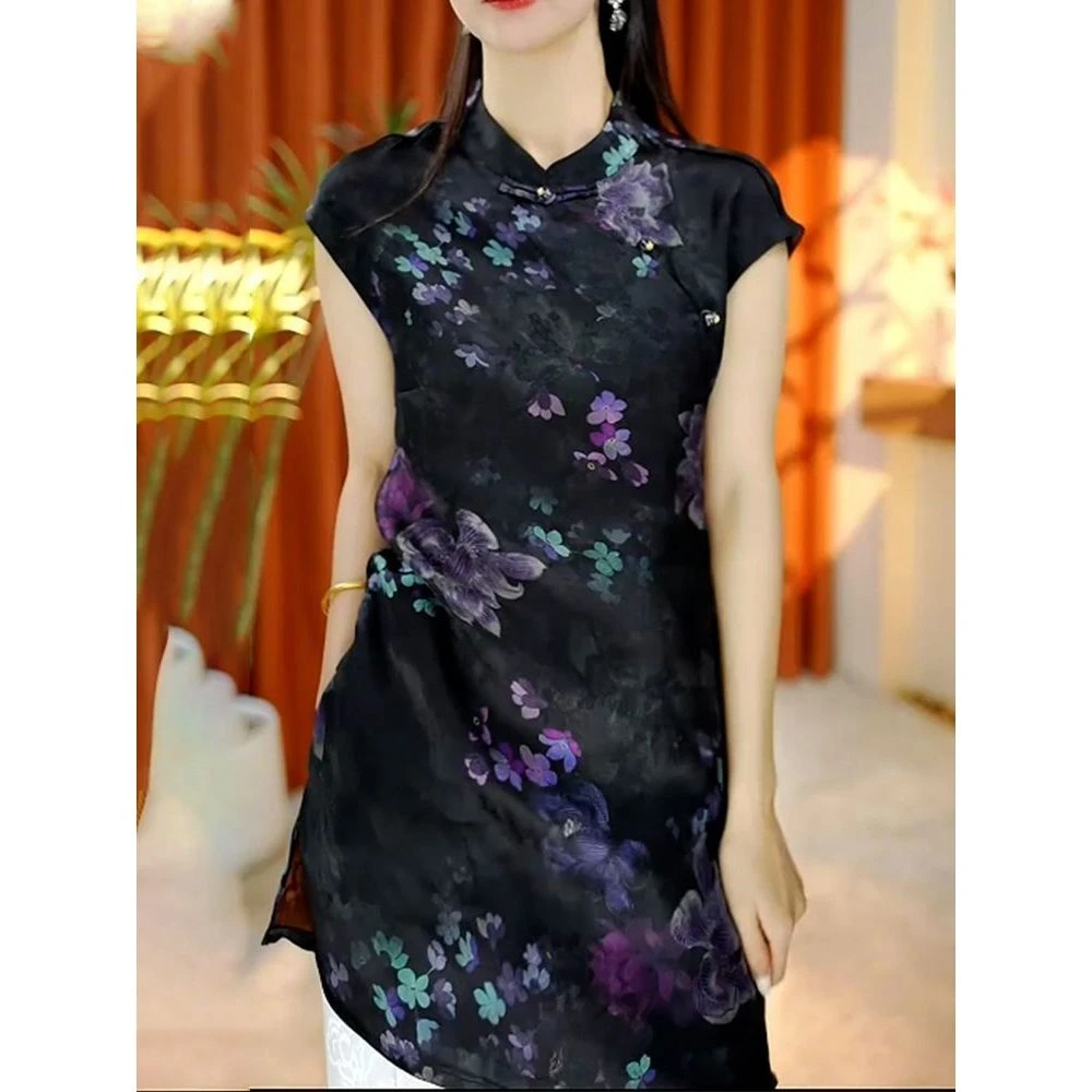 时尚气质端庄优雅显瘦通勤立领衬衫2025夏季新款百搭休闲印花上衣