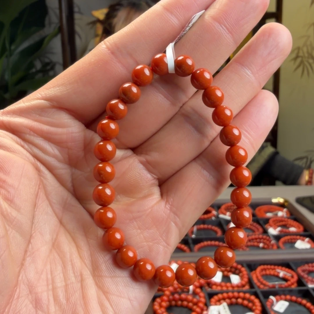 南红玛瑙未镶嵌手链7mm柿子红圆珠单圈