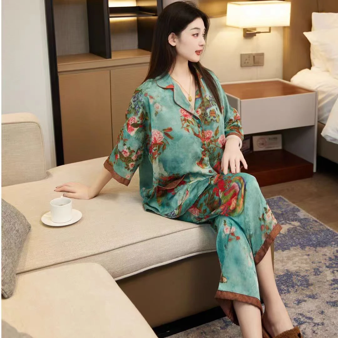 时尚轻奢专享Y35碧影绮花 短袖 新款女士精品睡衣家居服中式显瘦