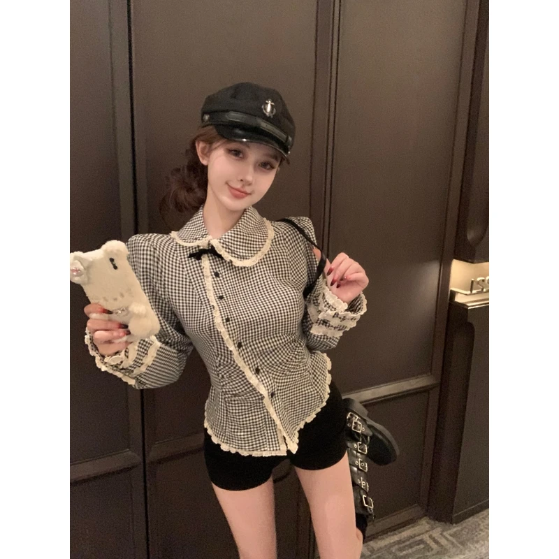 法式甜美减龄少女小众设计感格纹衬衫斜襟娃娃领显瘦衬衣褶皱上衣
