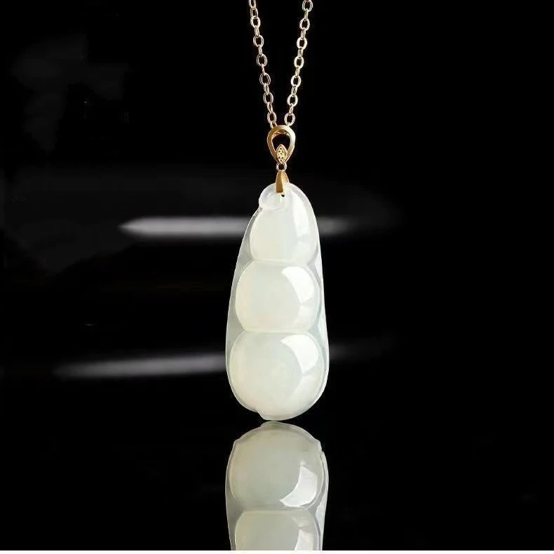 新疆和田玉白玉四季豆吊坠18k金镶嵌福豆项链天然玉石颈饰气质款