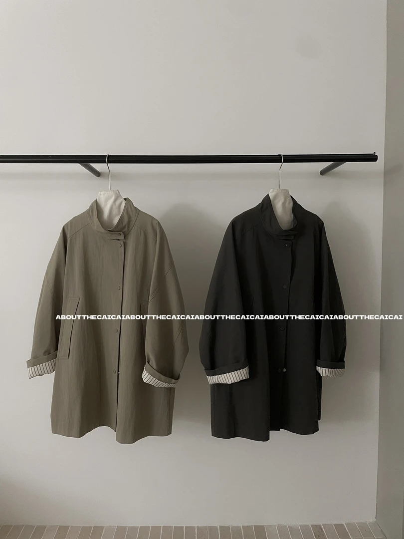 CAICAI春季新款拼接袖口立领风衣外套女韩系简约防风中长款大衣