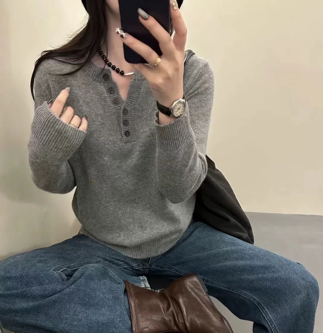 薄款显瘦毛针织衫纯色高领通勤风针织翻领长袖上衣