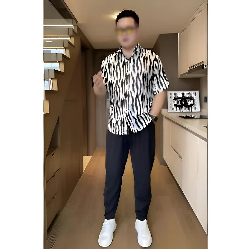【两件套】男士斑马纹短袖冰丝衬衫套装男款休闲宽松五分袖衬衣