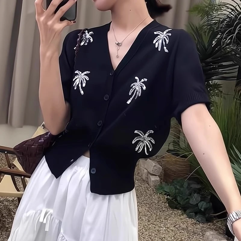 高级感刺绣椰子树亮片短袖针织衫女夏季薄款修身显瘦冰丝开衫上衣