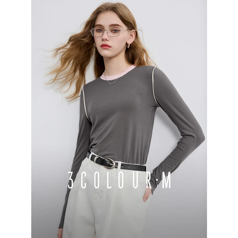 三彩2025春季撞色T恤圆领正肩长袖上衣套头衫短款内搭休闲女M1312