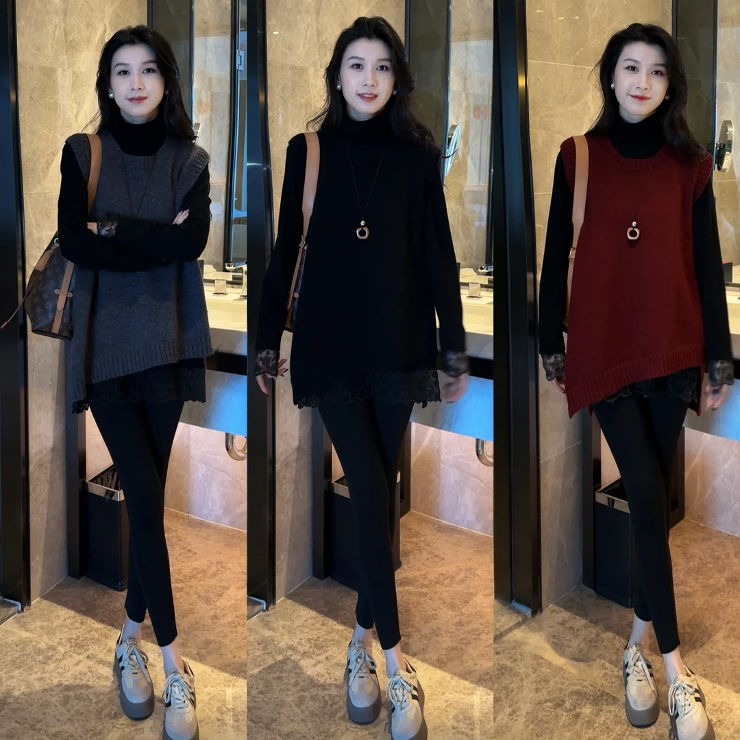 秋冬新款质气百搭针织不规则马甲+蕾丝打底衫上衣+打底裤套装