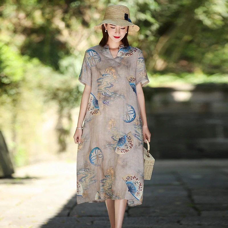 高端苎麻连衣裙女2025新款轻奢高级感宽松显瘦棉麻碎花裙夏季薄款