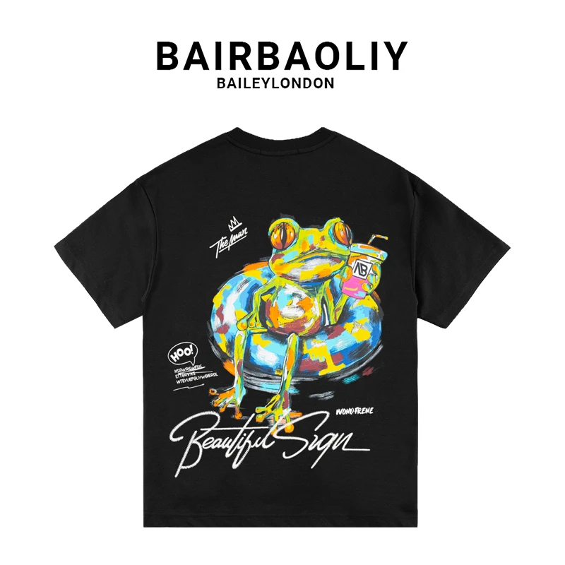 BAIRBAOLIY欧若风油画质感青蛙卡通个性涂鸦时尚宽松短袖T恤男