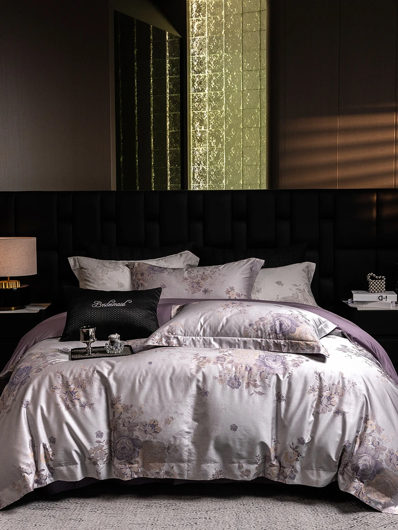 【诗意花颜-紫】全棉160支长绒棉贡缎色织提花四件套纯棉轻奢意式风