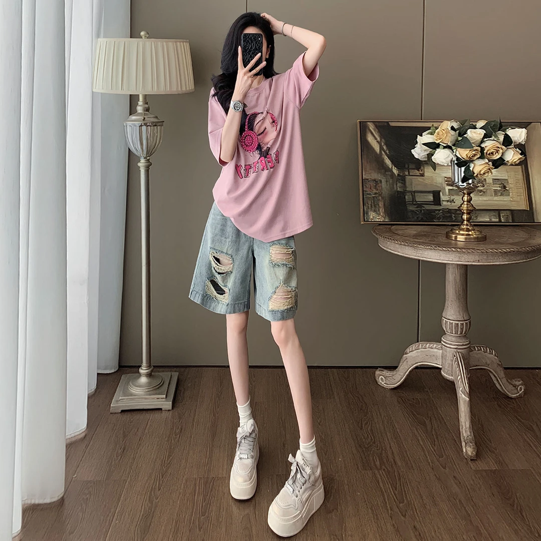 网红爆款时尚套装女夏季新款宽松圆领印花短袖破洞牛仔短裤两件套