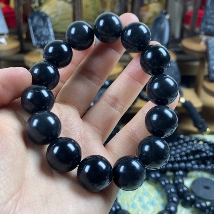 和田玉（墨玉）未镶嵌手串卡16圆珠微瑕包容