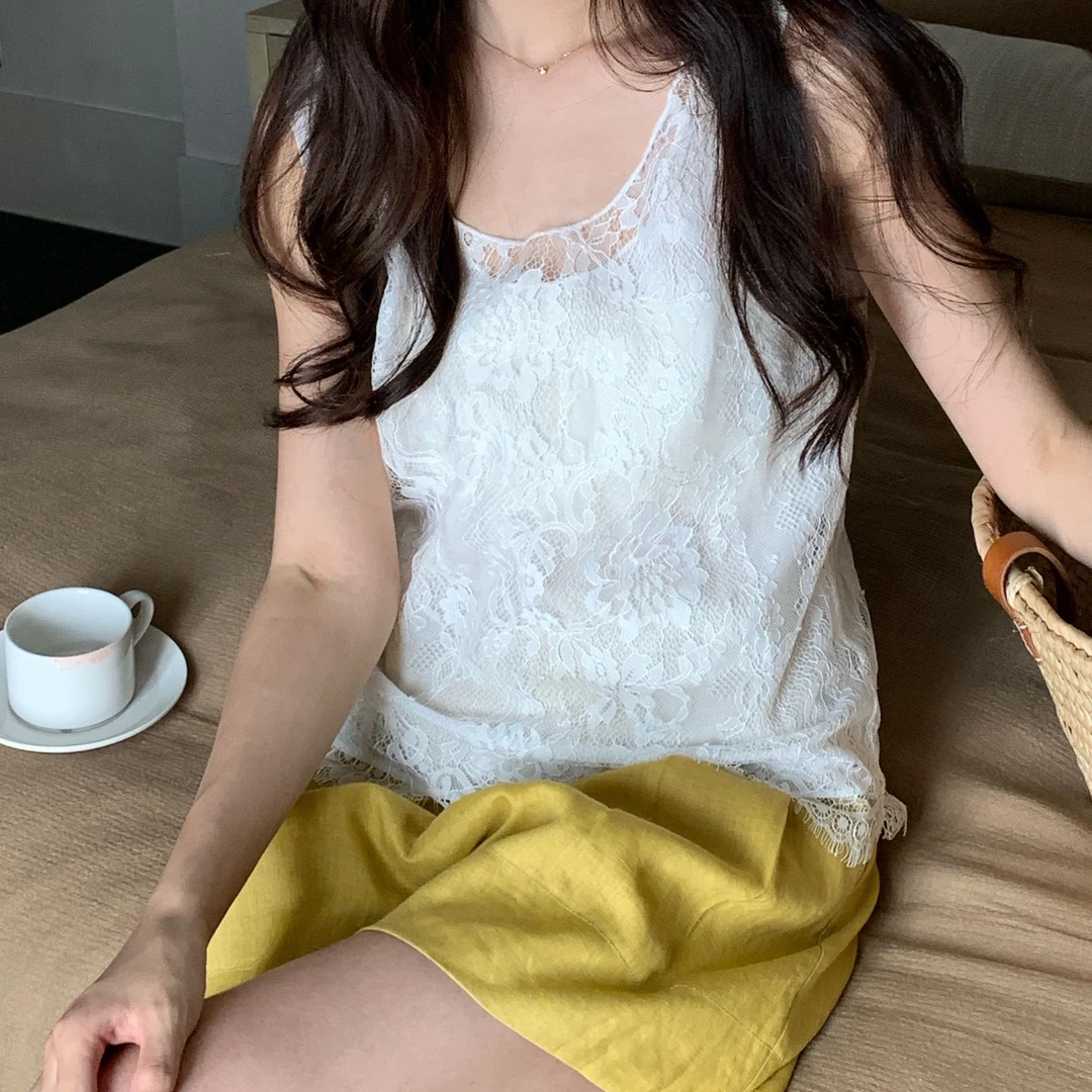 【南油原创设计】时尚蕾丝刺绣双层背心2025春夏新款