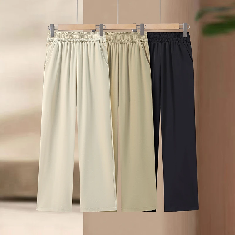 透气休闲风夏季休闲裤宽裤腿女裤薄款百搭中老年大码缎面抗皱垂顺