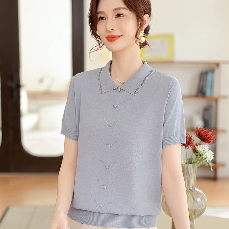 2025新款妈妈夏装时尚翻领短袖t恤洋气冰丝上衣服中老年大码女装