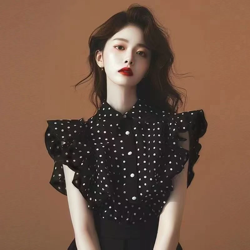 独特漂亮小衫2025洋气高端别致轻熟法式小众黑色波点小飞袖上衣女