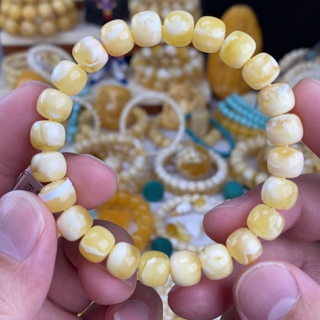 蜜蜡未镶嵌手链瓷白溶洞妖花9mm