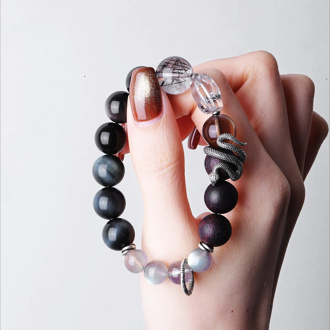 925银木质手链 <大头姐>S09810 缠绕灵蛇蓝色虎虎石黑发晶晶手链