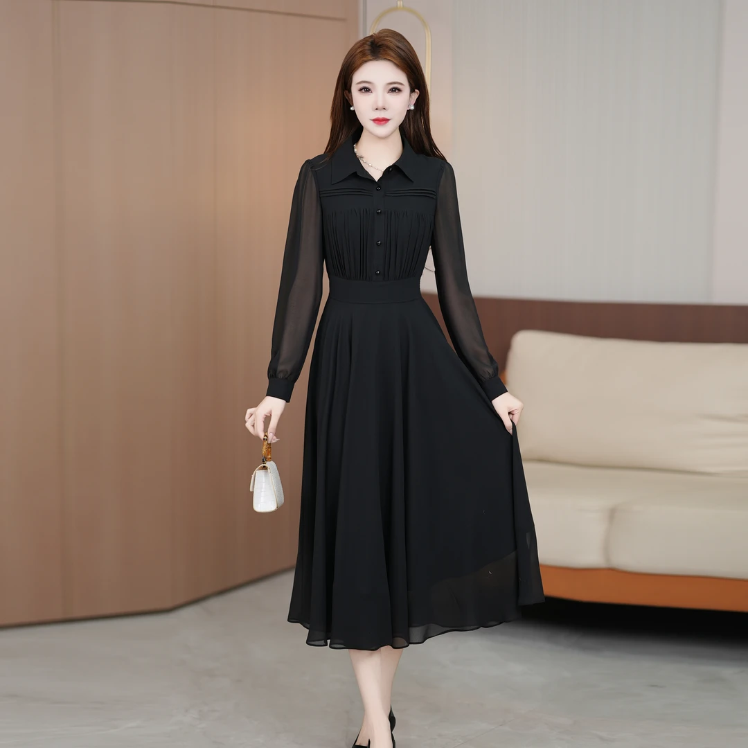 2025年春季时尚气质修身显瘦长裙轻奢纯色长款连衣裙女