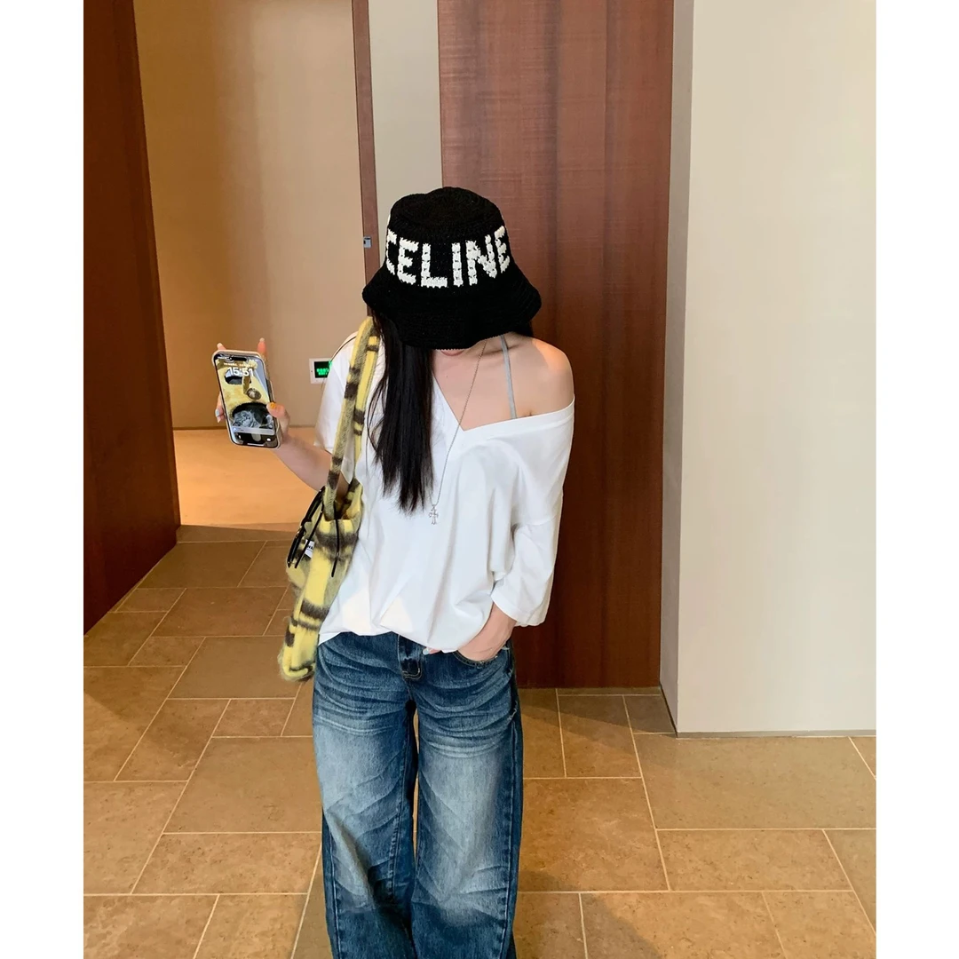 【淡盐棕榈】大V领短袖宽松T恤H 8571#