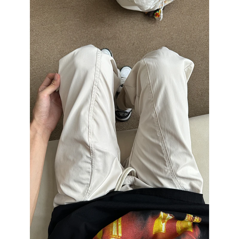 cleanfit米白色斜切休闲裤男夏季伐木直筒工装裤美式宽松百搭裤子