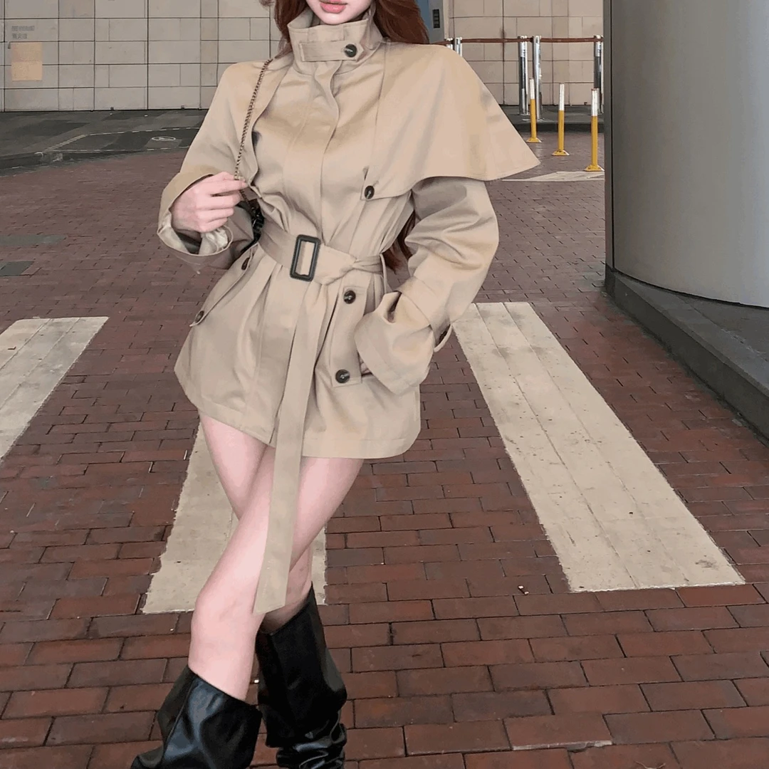 百搭衣装~高领风衣外套女2025年秋季双排扣收腰修身中长款上衣