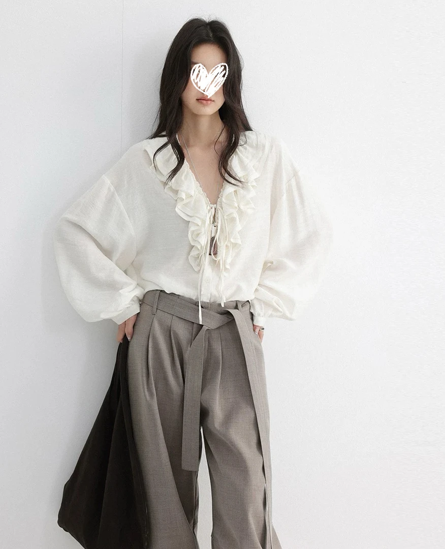 法式荷叶边长袖V领衬衫女早秋新款气质简约杏色显瘦上衣
