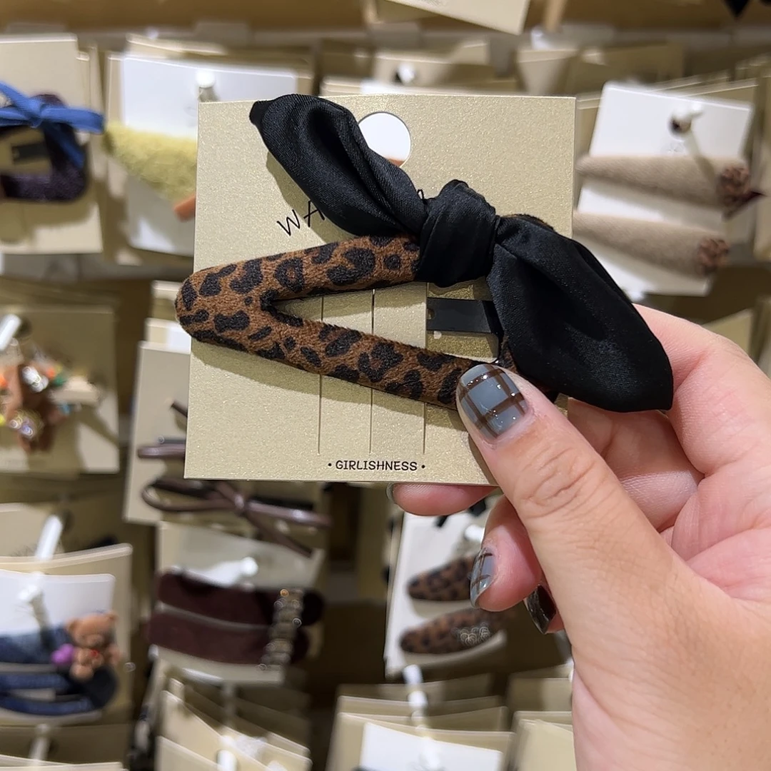 皮质铁合金豹纹蝴蝶结拜拜夹