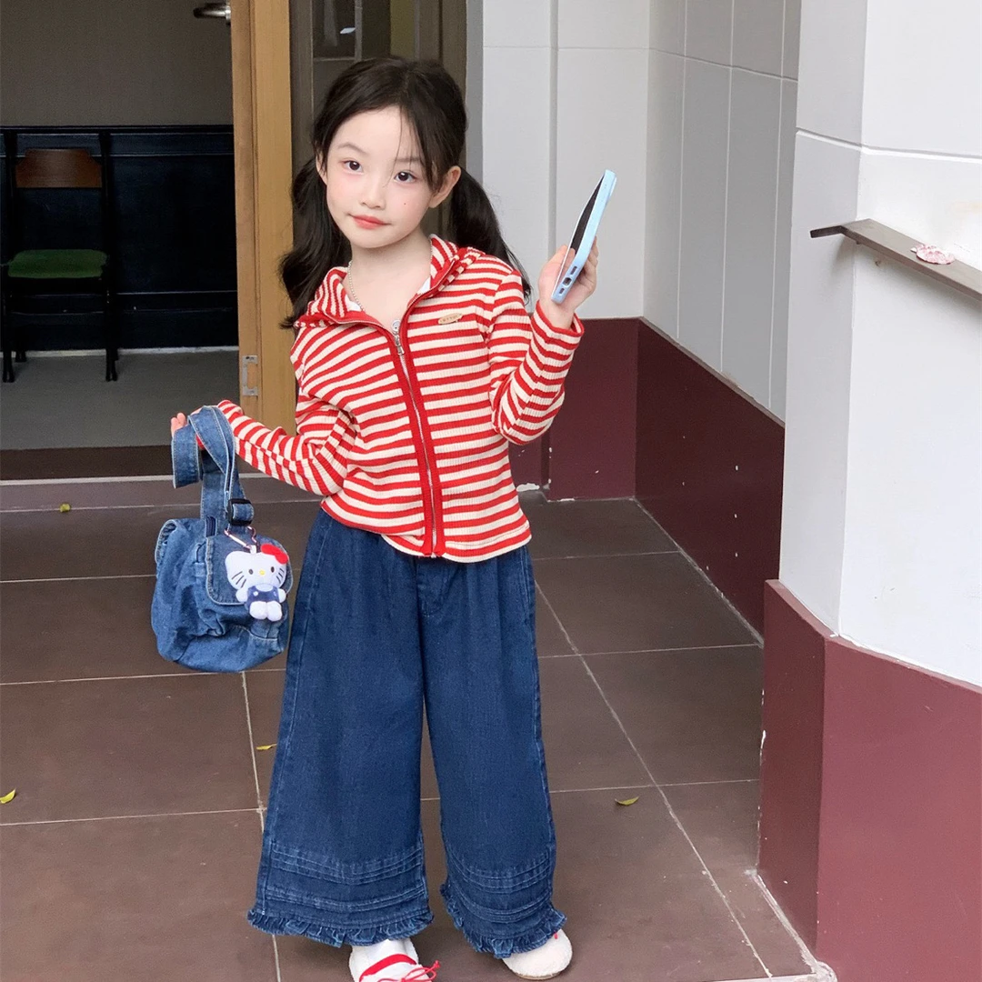 2025秋季新款女童洋气条纹连帽拉链衫 时髦叠边牛仔裤洋气幼儿园