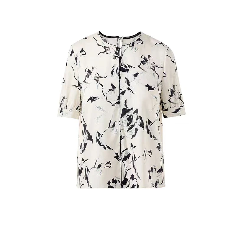 0110夏季新款碎花圆领短袖薄纱衬衫