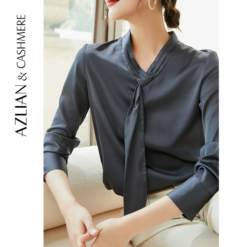 衬衫长袖纯色系带V领气质百搭上衣女方ZHL21006